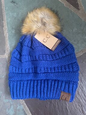 NWT C.C Royal Blue Cable Knit Beanie with Faux Fur Pom